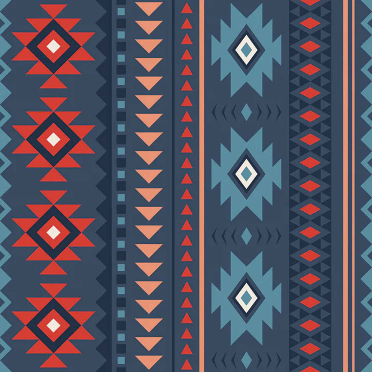 “Southwestern geometric stripe fabric in navy, blue, red, and coral from Spirit Peaks.”