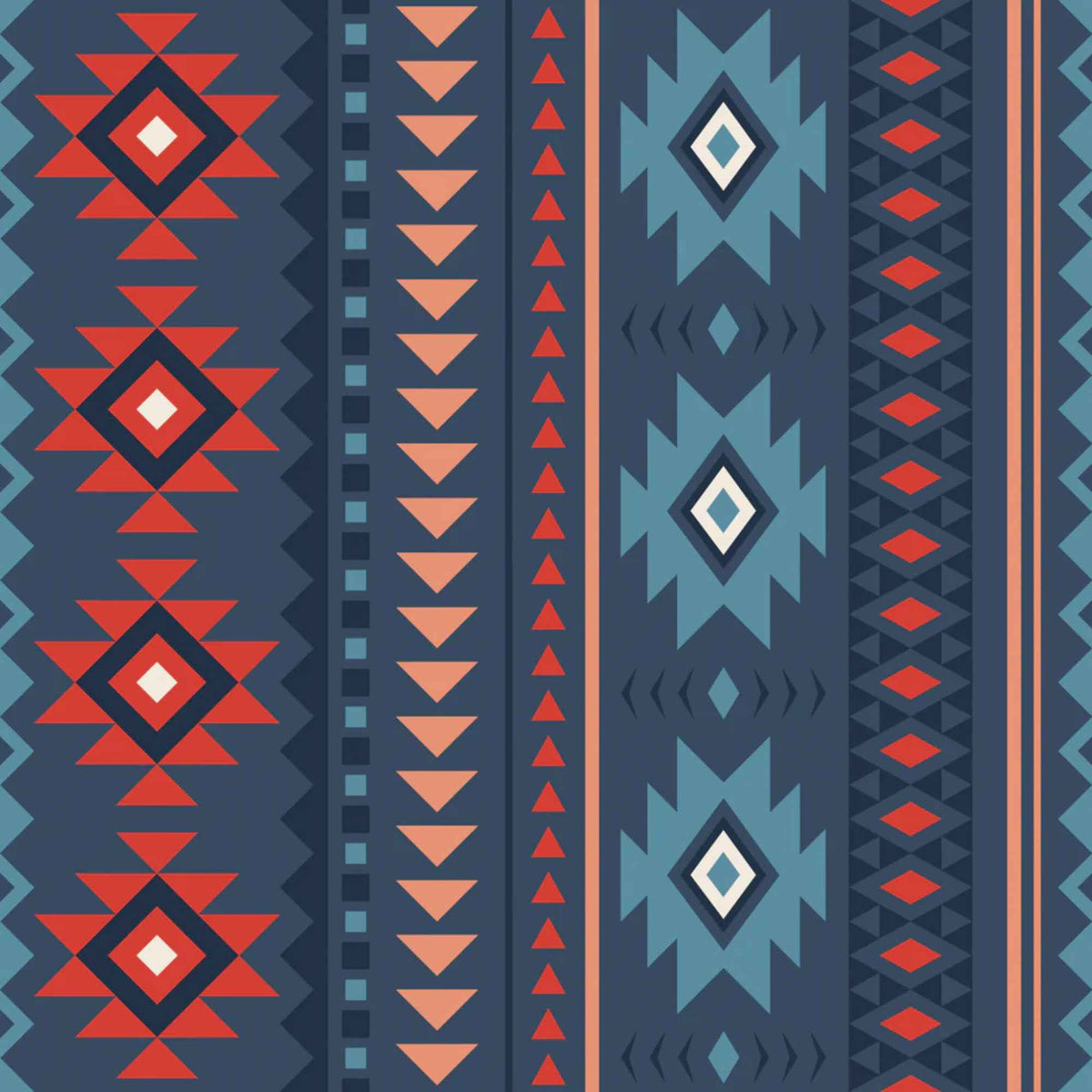 “Southwestern geometric stripe fabric in navy, blue, red, and coral from Spirit Peaks.”