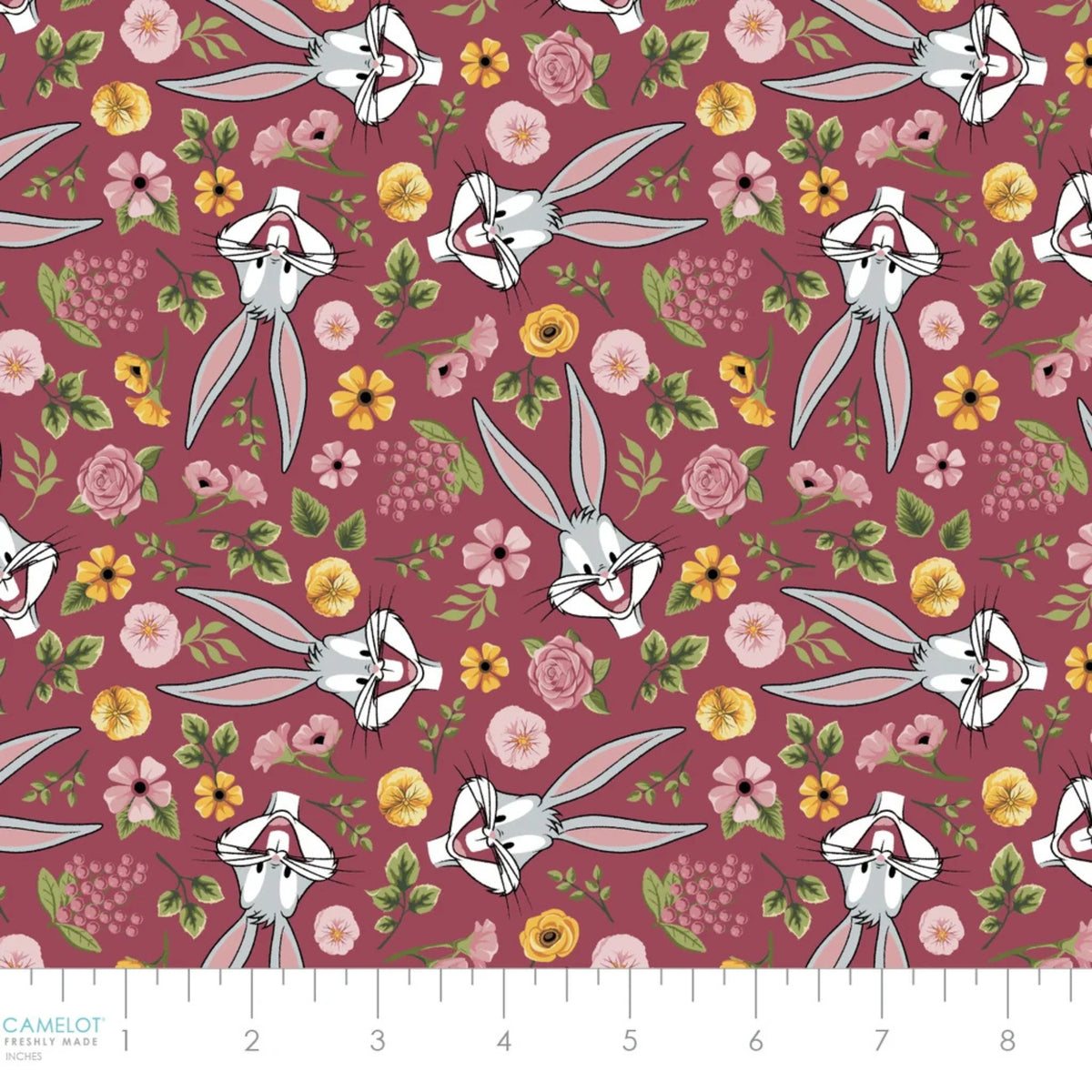 Sunny Side Bugs Raspberry quilting cotton by Camelot Fabrics featuring Bugs Bunny with pink and yellow flowers on a raspberry background