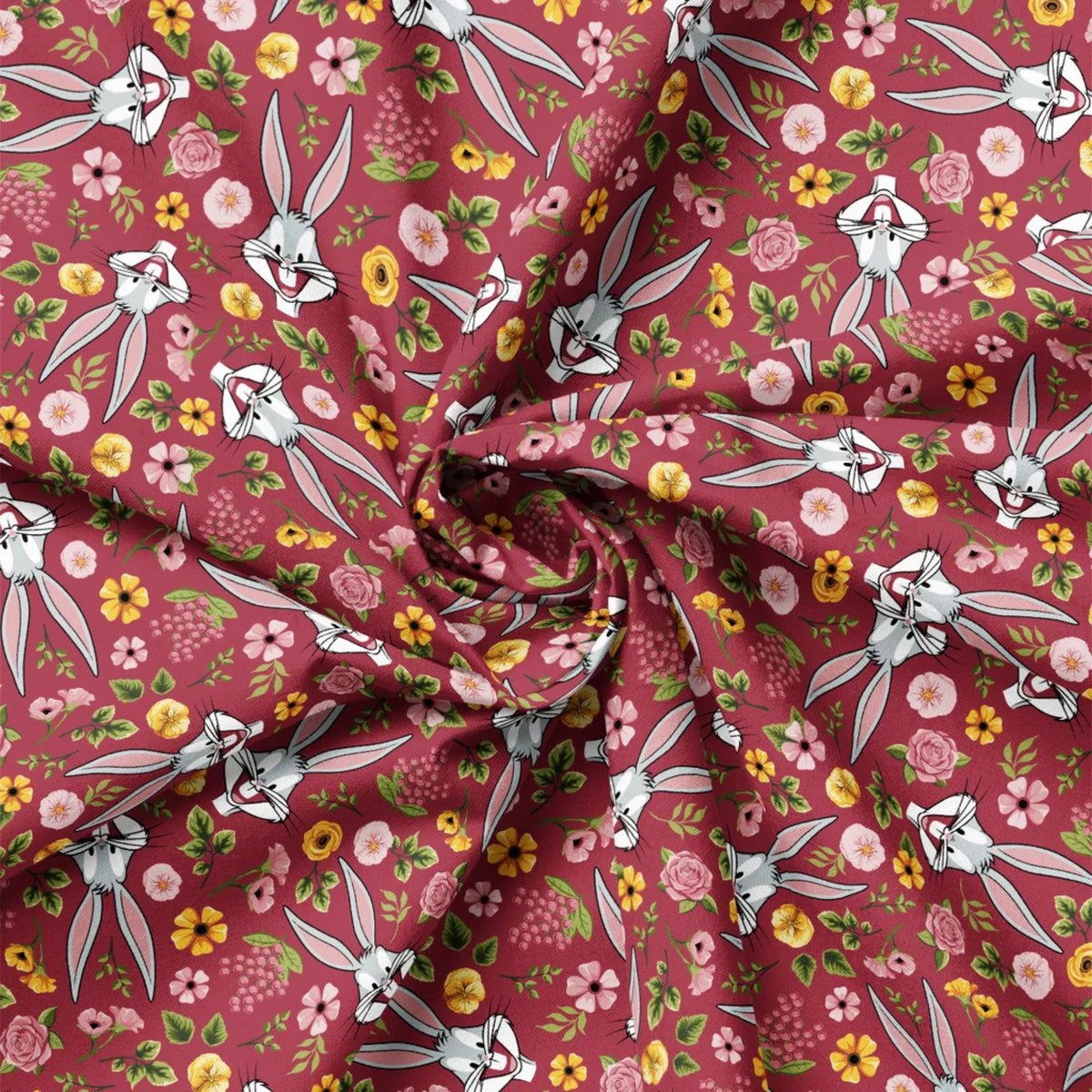 Sunny Side Bugs Raspberry quilting cotton by Camelot Fabrics featuring Bugs Bunny with pink and yellow flowers on a raspberry background