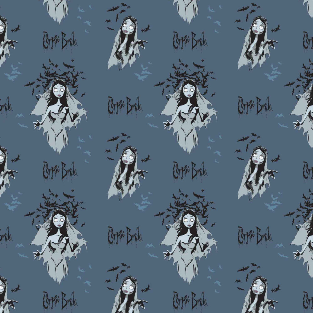 Corpse Bride navy cotton fabric featuring Emily in multiple poses with bats and gothic accents in a repeating pattern.