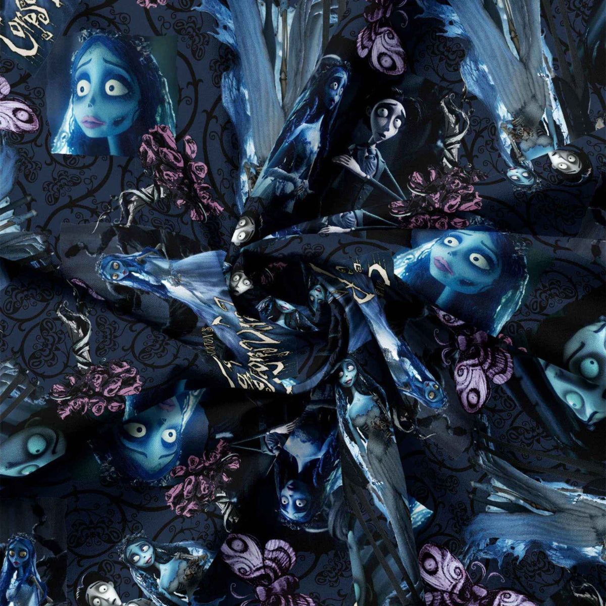 Corpse Bride cotton fabric featuring Emily, Victor, butterflies, roses, and gothic scroll motifs in an allover multi-character print.