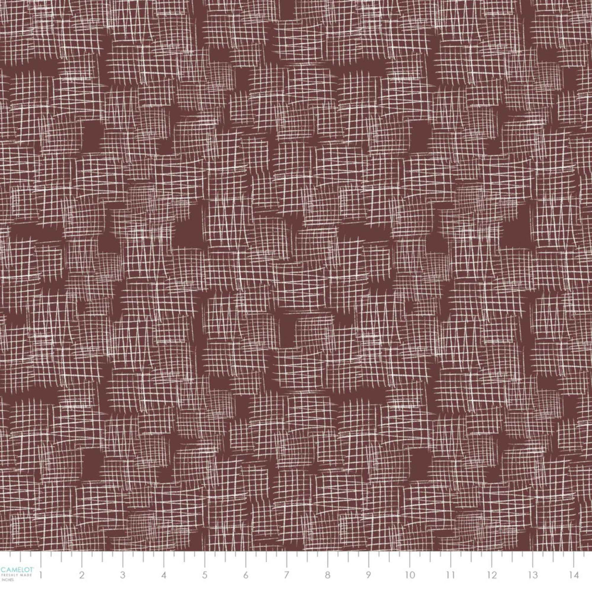 "Etches dark taupe cotton fabric with abstract white crosshatch texture by Camelot Fabrics"