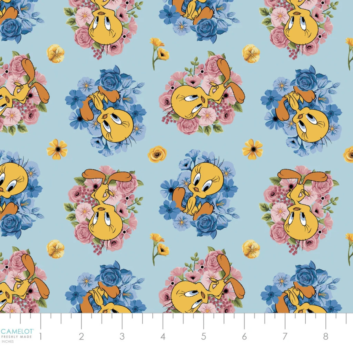 Floral Burst Tweety Blue quilting cotton by Camelot Fabrics featuring Tweety with pink and blue floral bouquets on a soft blue background