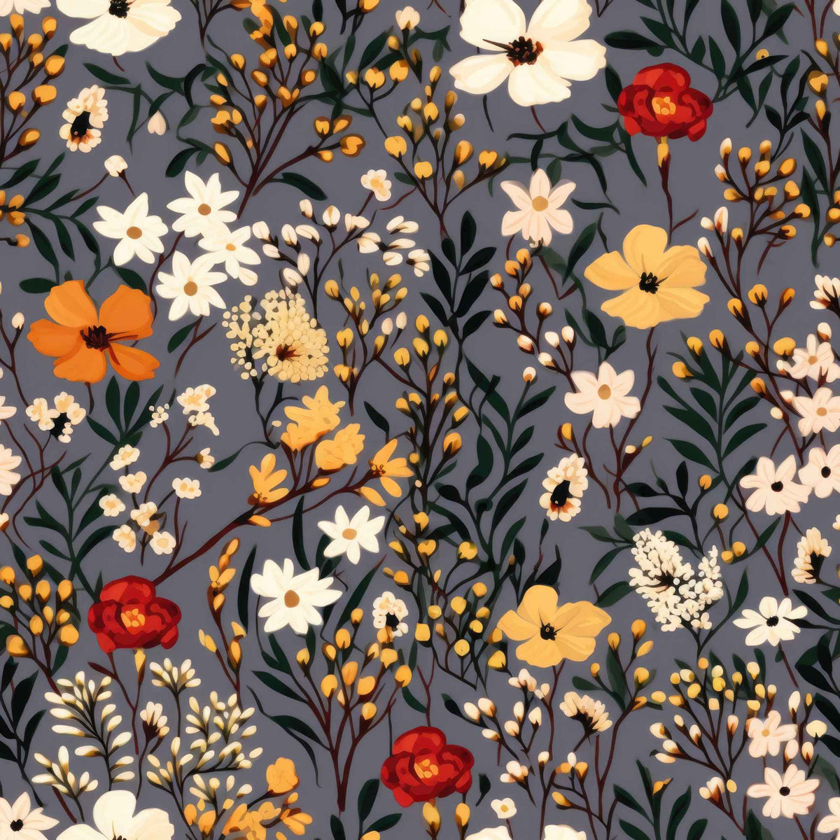 Autumn Bloom floral PUL fabric with yellow, ivory, and red flowers on gray background, waterproof polyester knit with polyurethane laminate, 60-inch wide