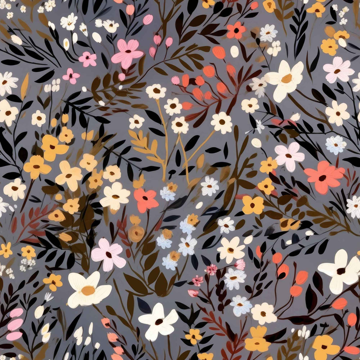 Floral meadow PUL fabric with colorful flowers on gray background, waterproof polyester knit with polyurethane laminate, 60-inch wide food safe fabric