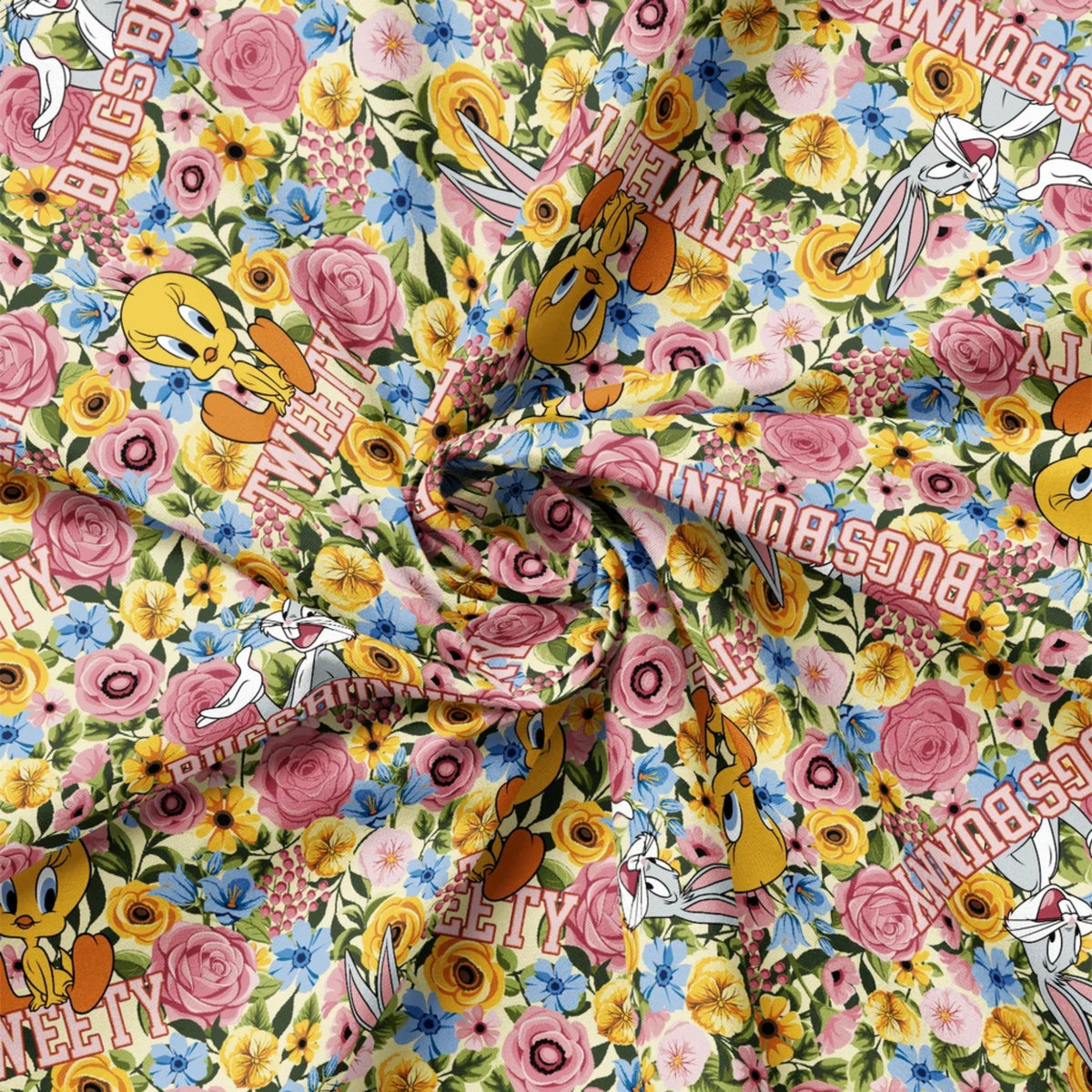 Grannycore Looney Tunes Yellow quilting cotton from the Looney Tunes Floral Collection by Camelot Fabrics with colourful vintage-inspired florals