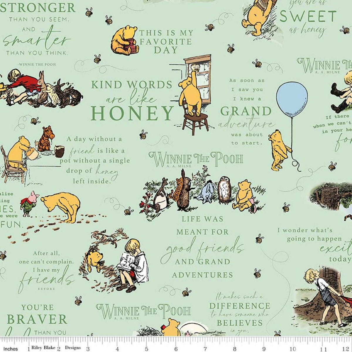 Winnie the Pooh quotes flannel fabric sage green with Pooh characters bees and inspirational text Riley Blake cotton fabric