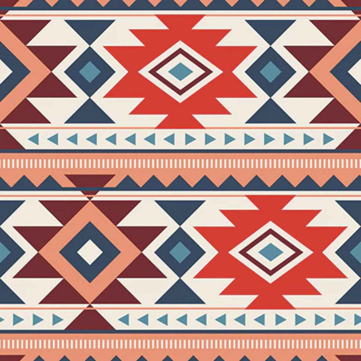 “Multi-colour geometric stripe cotton fabric with tribal-inspired Spirit Peaks design.”