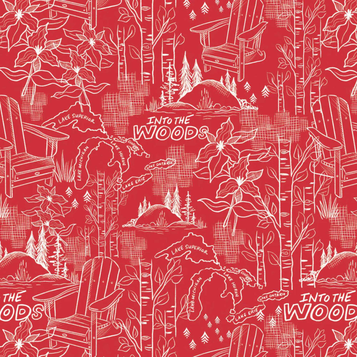 "Into the Woods red cotton fabric with white line-art trees, chairs, florals and Great Lakes map by Camelot Fabrics"