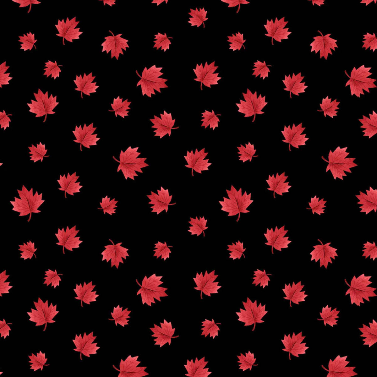 "Black cotton fabric with scattered red maple leaf pattern from Camelot Fabrics"