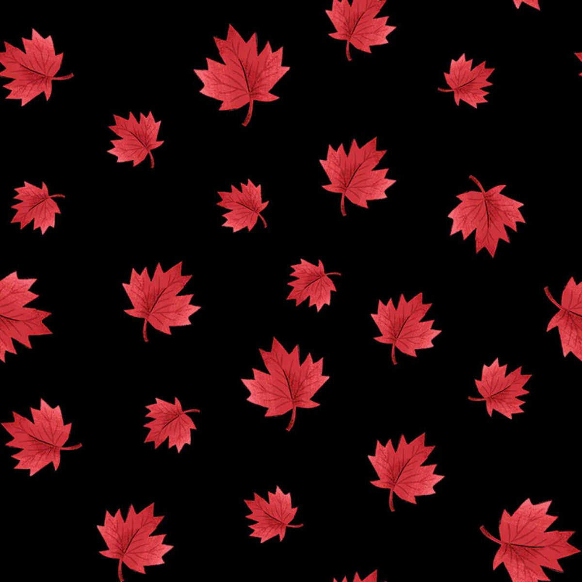 "Black cotton fabric with scattered red maple leaf pattern from Camelot Fabrics"