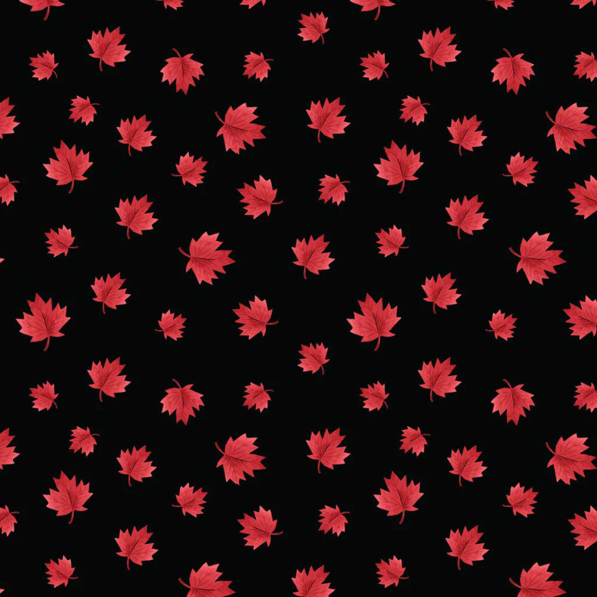 "Black cotton fabric with scattered red maple leaf pattern from Camelot Fabrics"