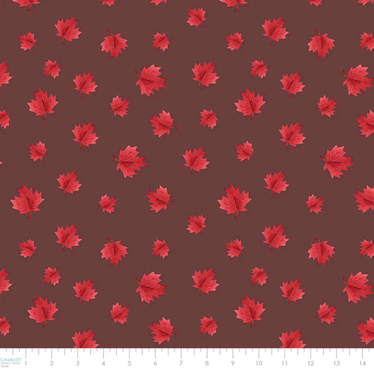 "Dark taupe cotton fabric with scattered red maple leaves by Camelot Fabrics"