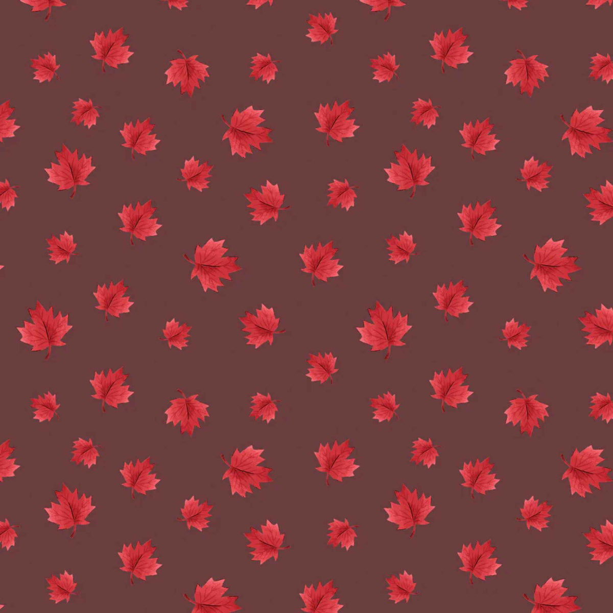 "Dark taupe cotton fabric with scattered red maple leaves by Camelot Fabrics"