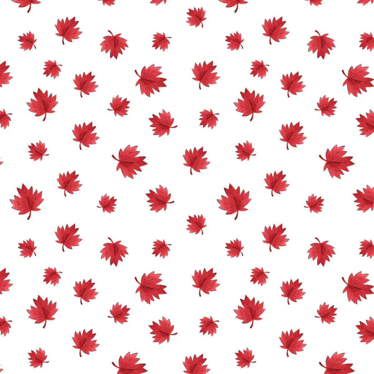"White cotton fabric with scattered red maple leaves by Camelot Fabrics"