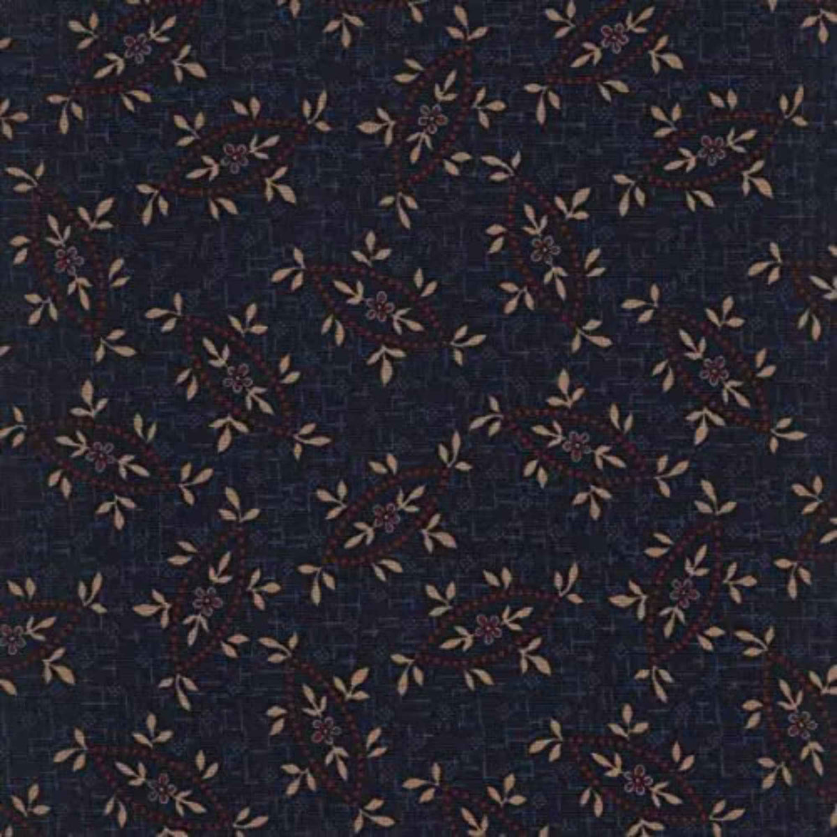 Marcus Fabrics 0832 by Pam Buda navy cotton with beige leaves and burgundy floral clusters.