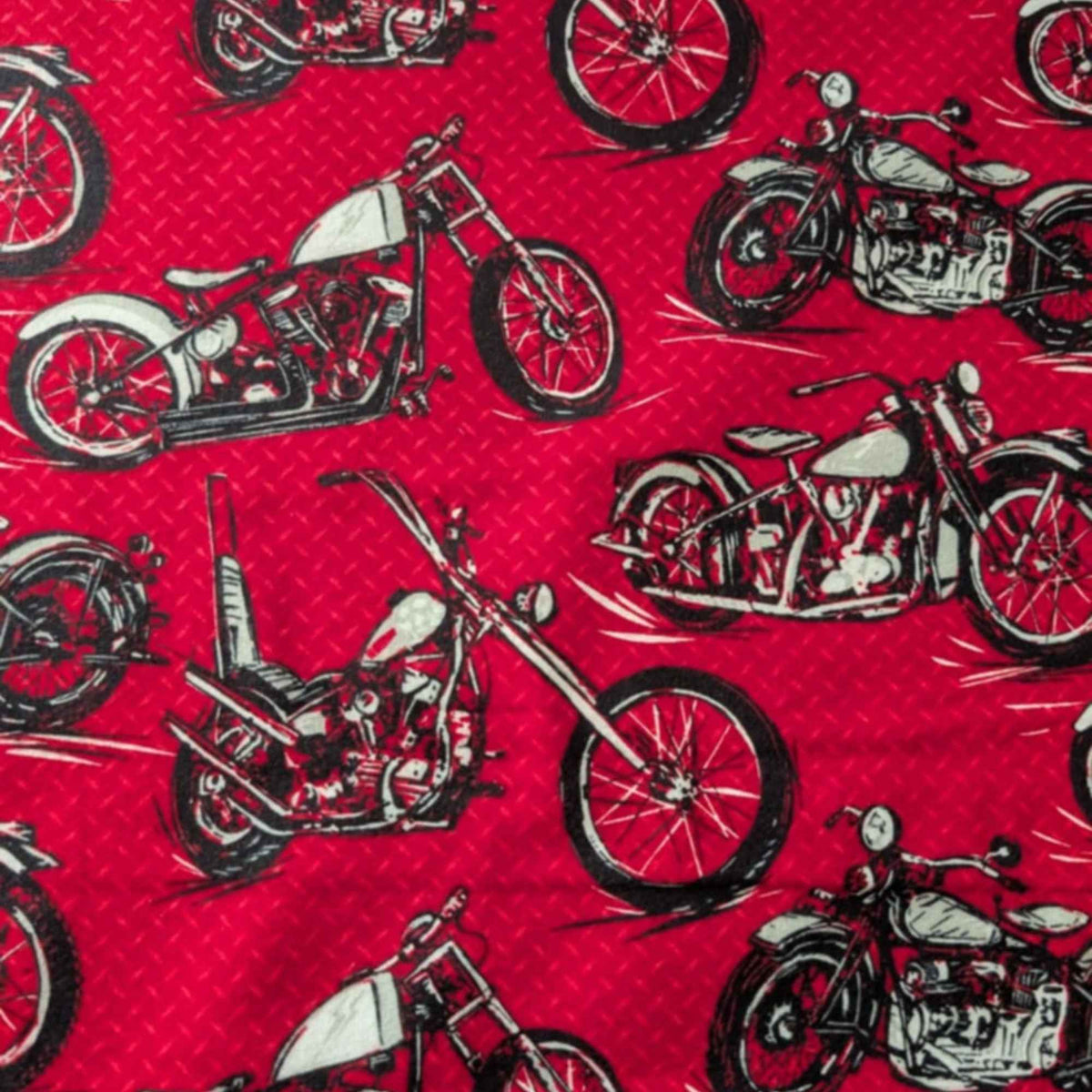 Red cotton flannel fabric with black and grey motorcycle print, brushed soft, OEKO-TEX certified, 44 inches wide.