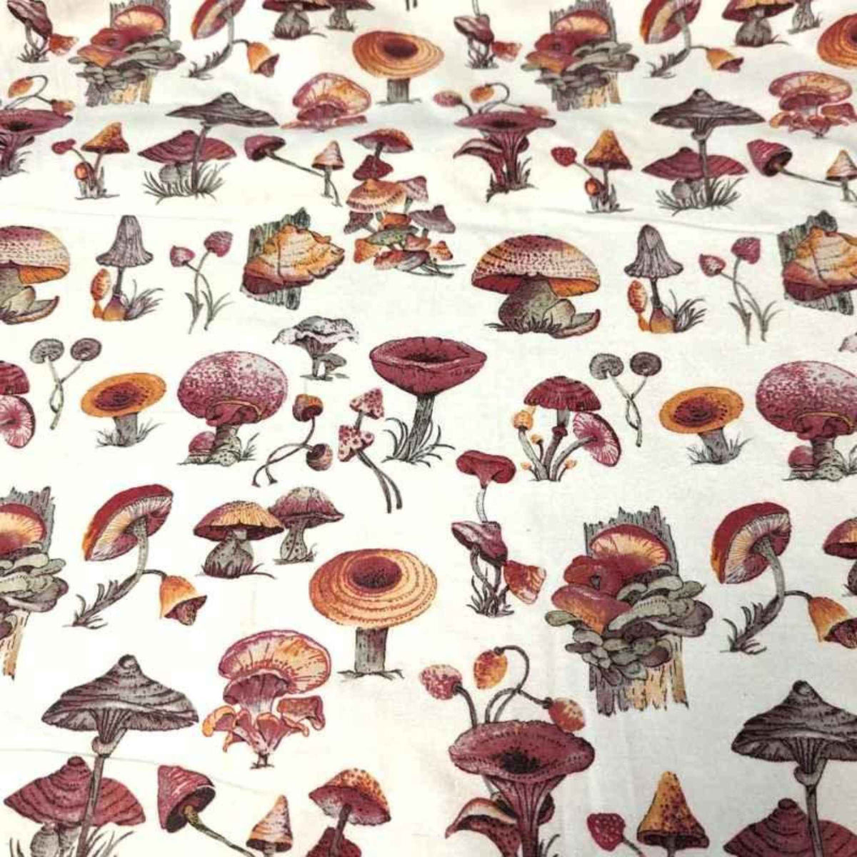 Wild mushroom cotton flannel fabric with detailed red, brown, and orange mushrooms on a cream background, soft brushed Oeko-Tex, 44" wide.