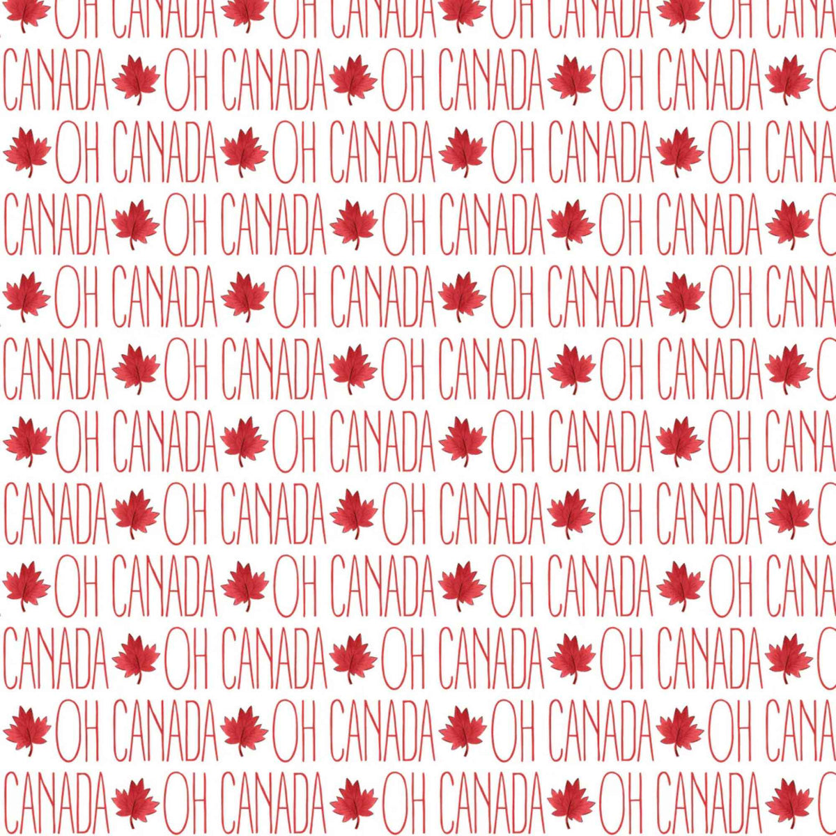 "Oh Canada text print cotton fabric with red maple leaves on white background"