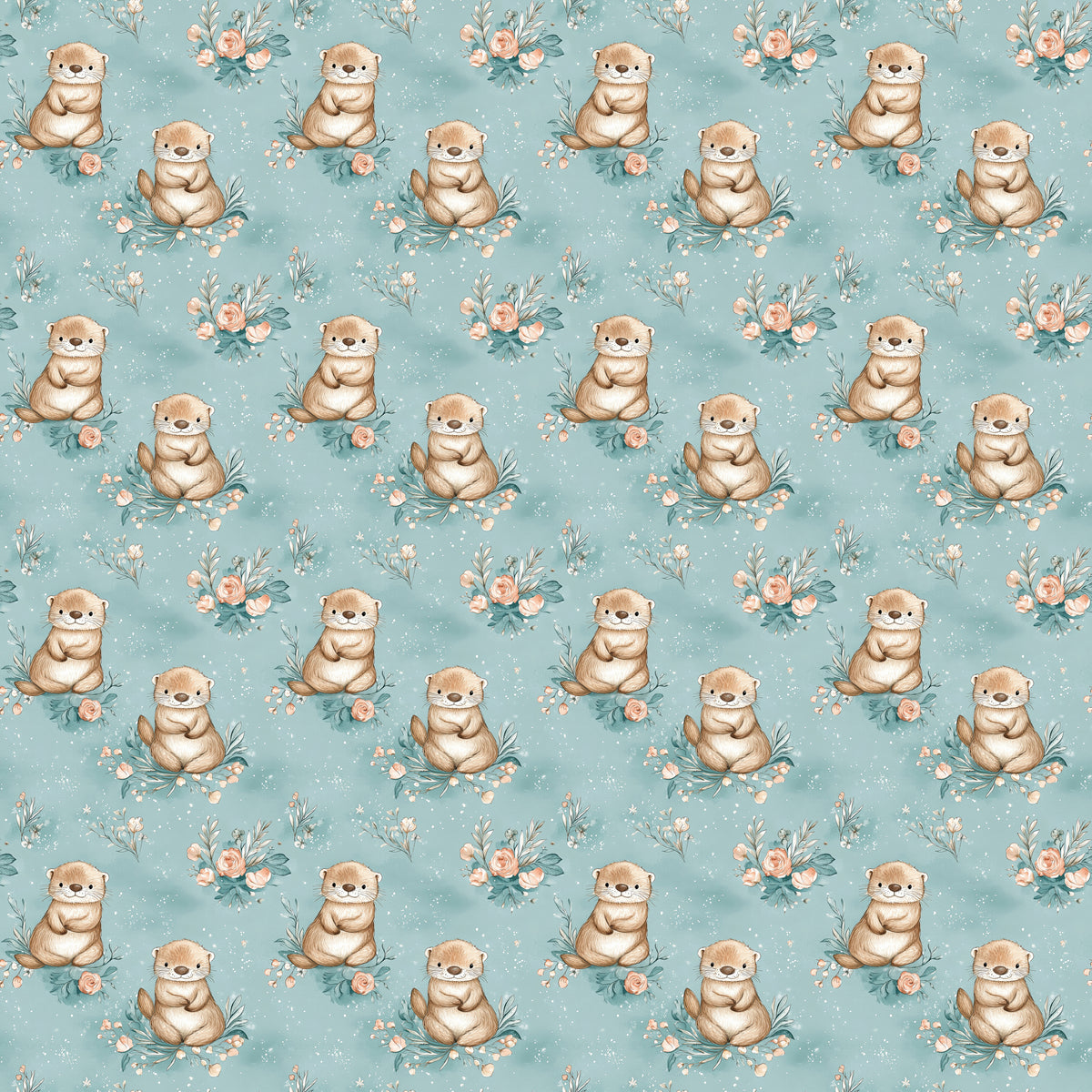 Floral otter waterproof PUL fabric on teal background with nursery print