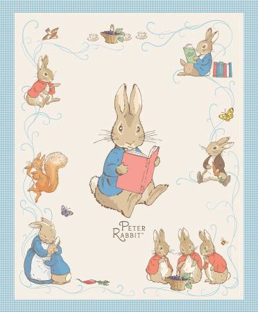 Peter Rabbit fabric panel with a rabbit reading a red book, smaller storybook characters, a cream background and blue gingham border.