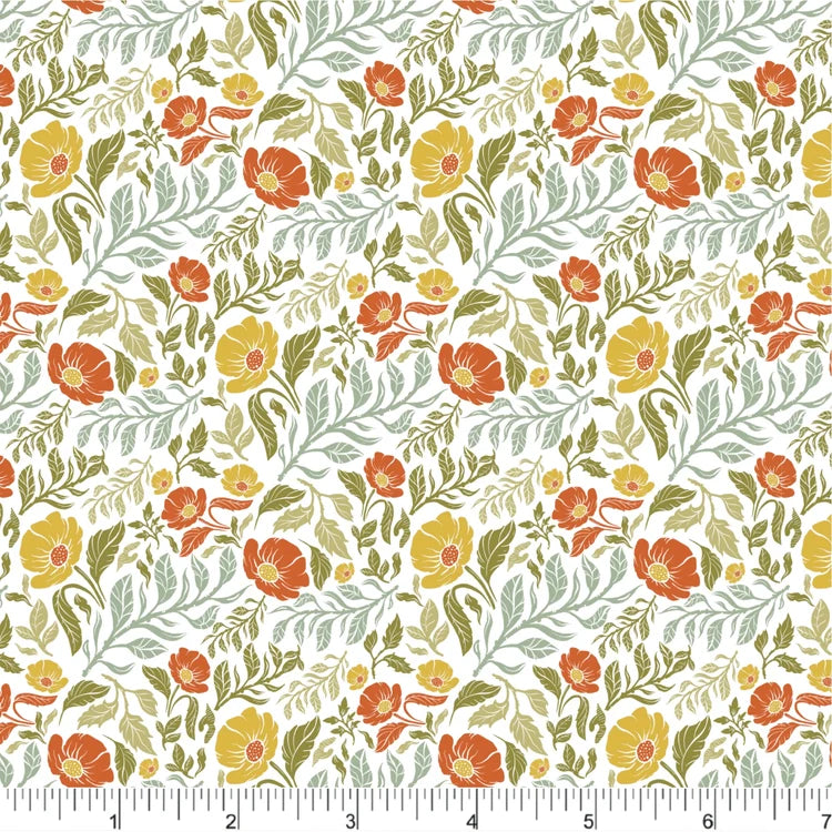 Blossoms cotton fabric with rust orange and mustard yellow flowers and sage and olive green leaves on a white background.