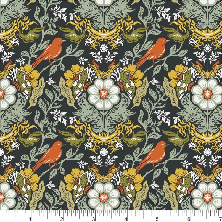 Birds and Flowers cotton fabric with rust orange birds, mustard and cream blooms and sage green leaves on a charcoal background.