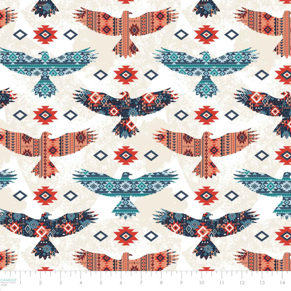 “Cream cotton fabric with multicolored tribal-patterned eagles and geometric motifs.”