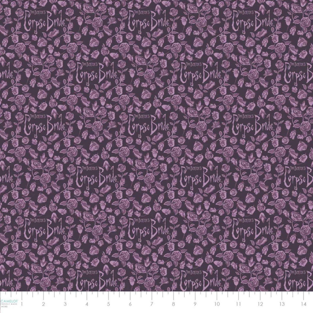 Purple Corpse Bride cotton fabric with lavender roses and gothic motifs repeating across the design.