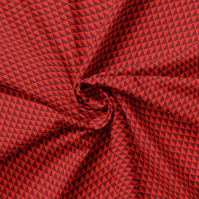 “Red geometric triangle cotton fabric with modern Spirit Peaks design.”