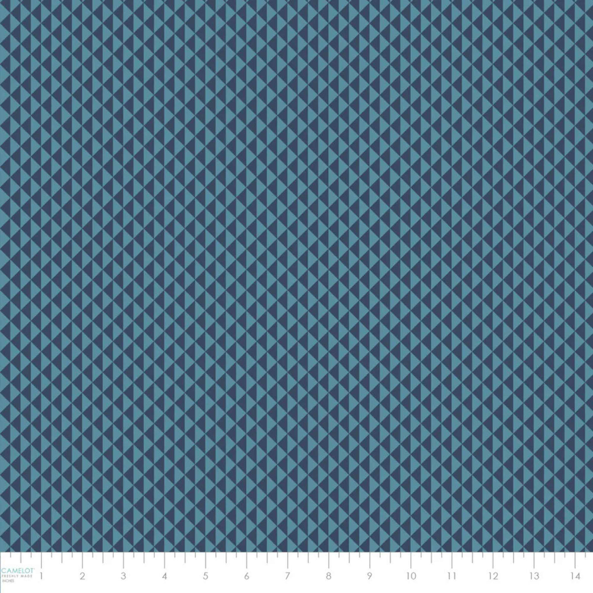 “Blue and navy geometric triangle cotton fabric with repeating Sacred Spirit Peaks design.”