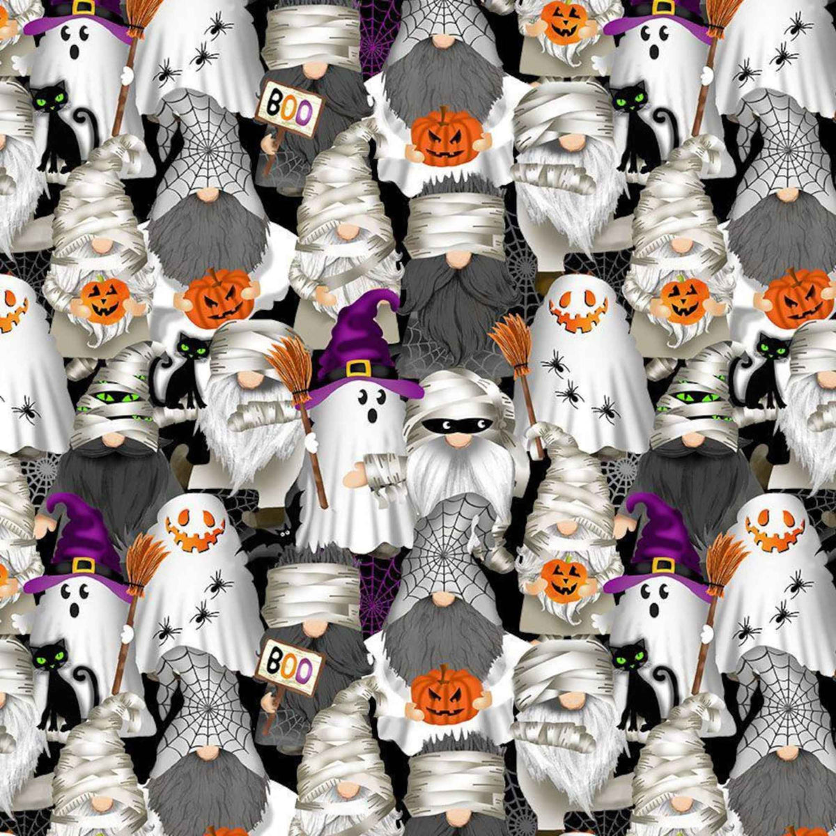 Halloween gnome cotton fabric with ghost mummy and witch gnomes pumpkins black cats spiders and cobwebs by Timeless Treasures