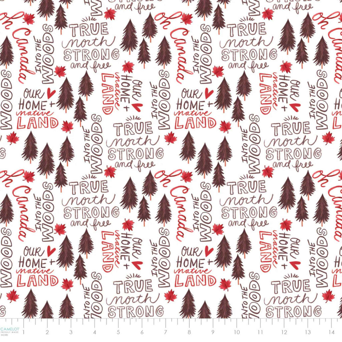 "Strong and Free Canadian text cotton fabric with maple leaves and pine trees on white by Camelot Fabrics"