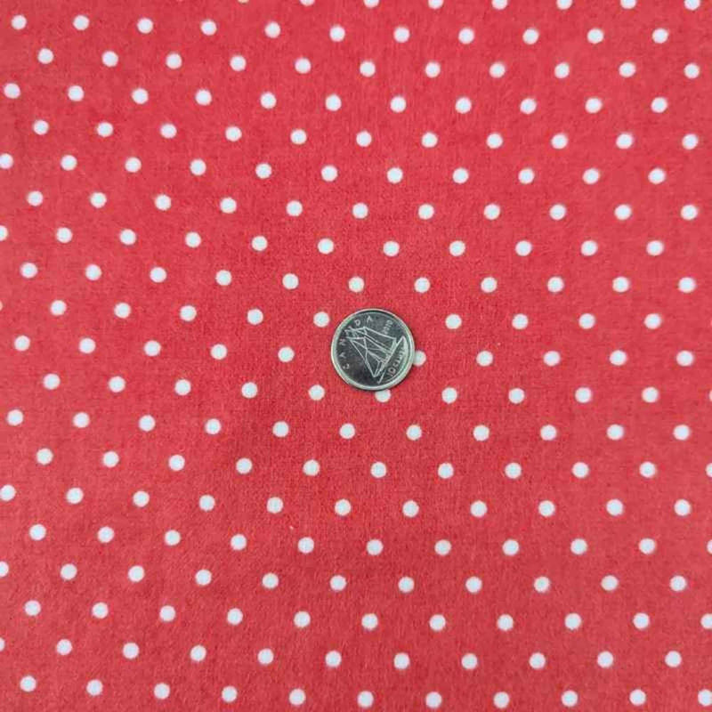 Red pink Swiss dot cotton flannel fabric with white polka dots by Robert Kaufman, soft 2-ply cozy flannel