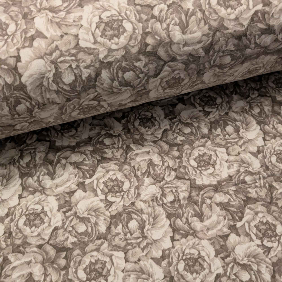 108 inch wide brushed cotton flannel wideback with vintage floral print in taupe and beige for seamless quilt backing