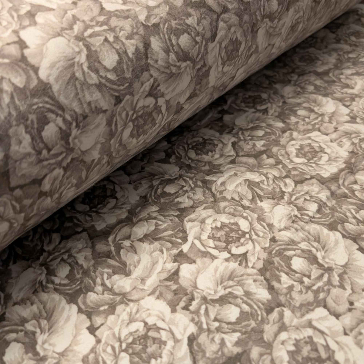108 inch wide brushed cotton flannel wideback with vintage floral print in taupe and beige for seamless quilt backing