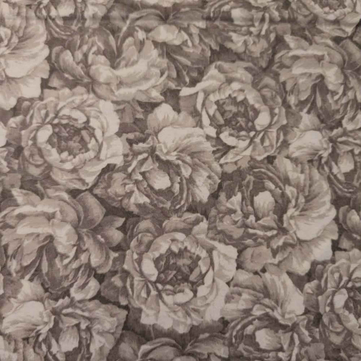108 inch wide brushed cotton flannel wideback with vintage floral print in taupe and beige for seamless quilt backing
