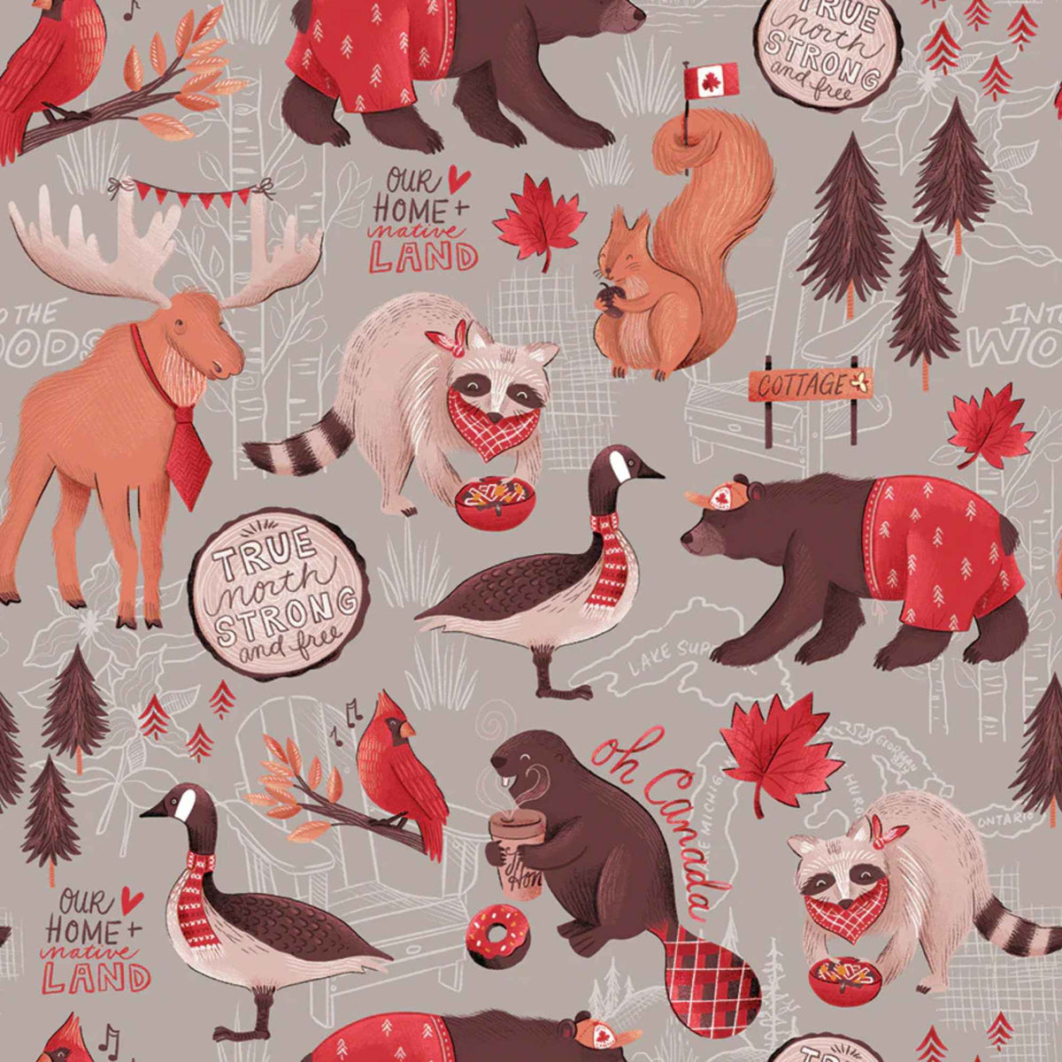 "Canadian wildlife cotton fabric on grey with bears, raccoons, moose, geese, squirrels and maple leaves by Camelot Fabrics"