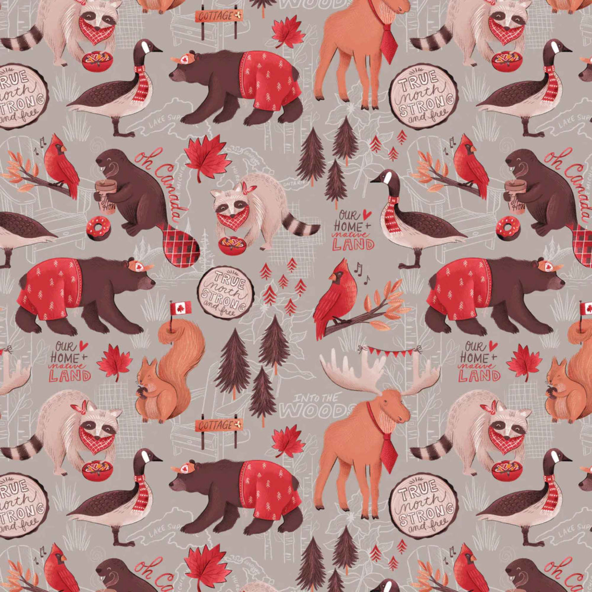 "Canadian wildlife cotton fabric on grey with bears, raccoons, moose, geese, squirrels and maple leaves by Camelot Fabrics"