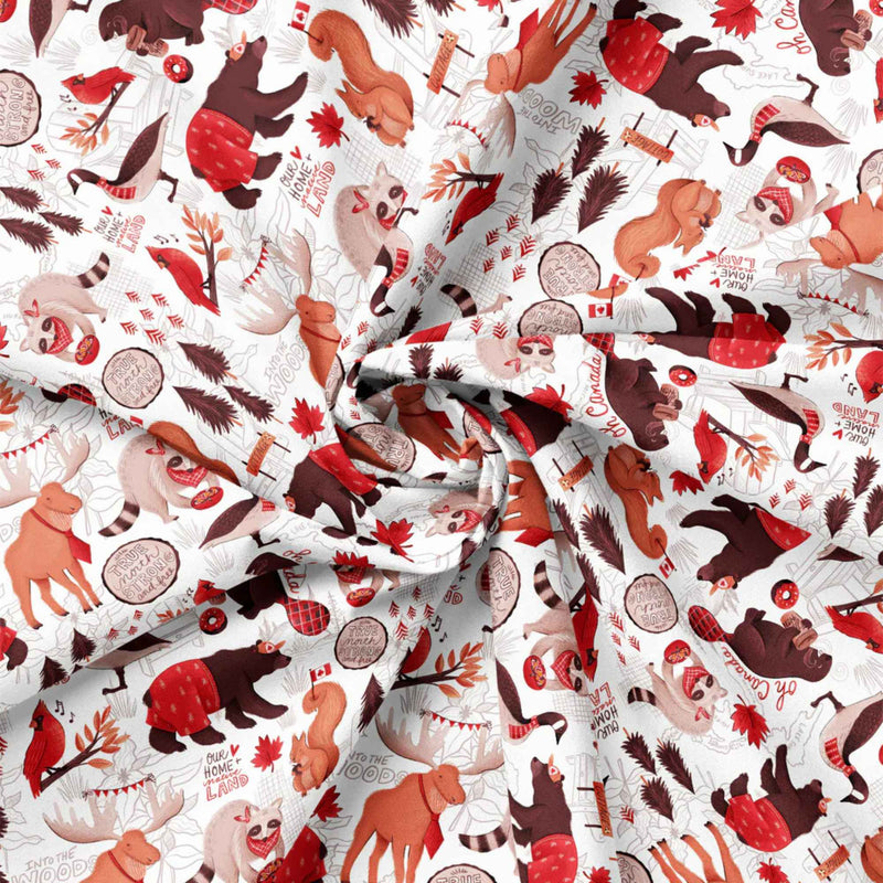 "True North Canadian wildlife cotton fabric with bears, raccoons, moose, geese, squirrels and maple leaves on white background"