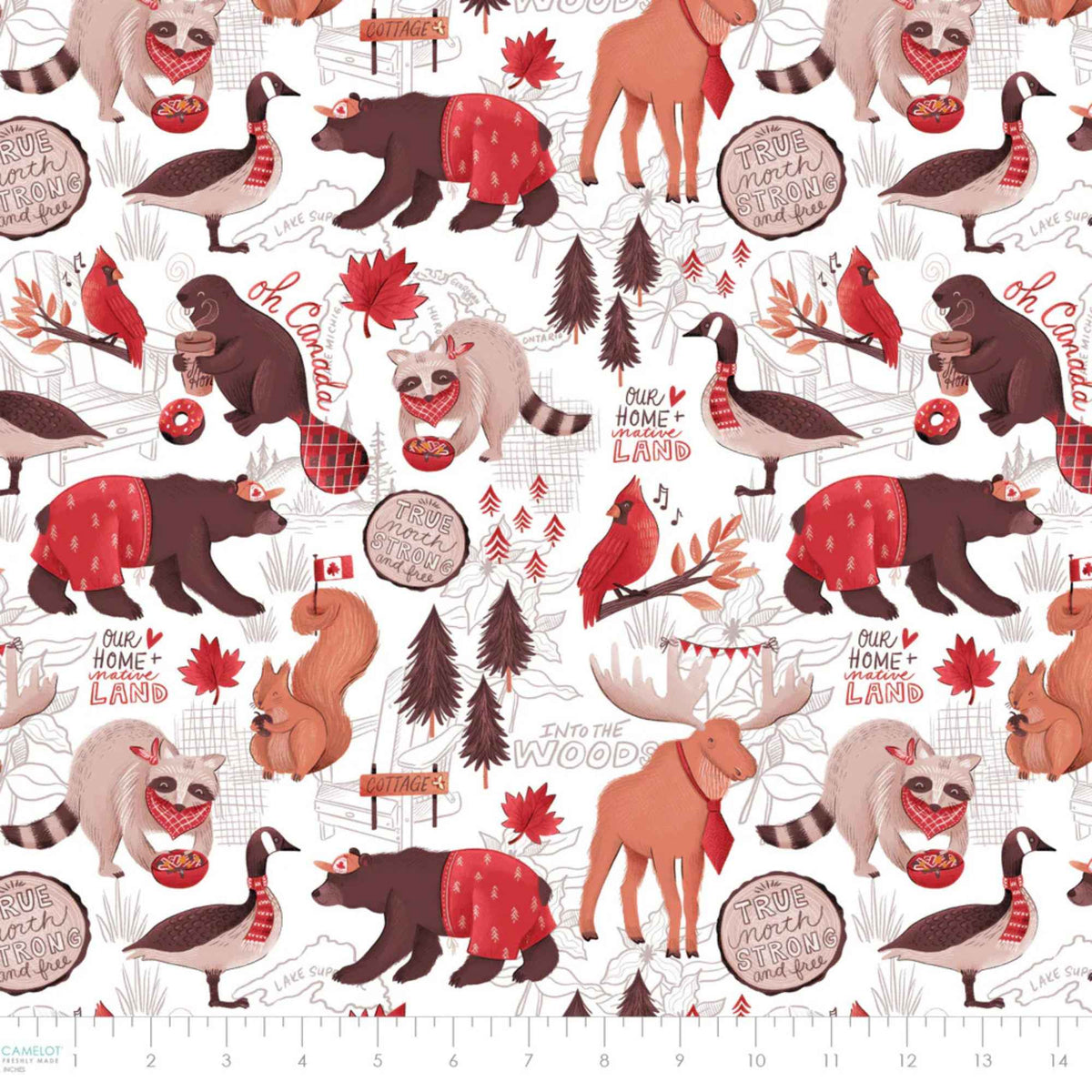 "True North Canadian wildlife cotton fabric with bears, raccoons, moose, geese, squirrels and maple leaves on white background"