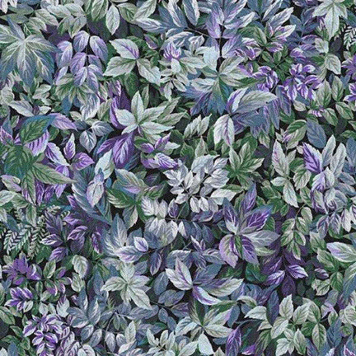 Heather in the Moonlight cotton fabric by Robert Kaufman with layered botanical leaf print in purple, green, blue, and metallic accents