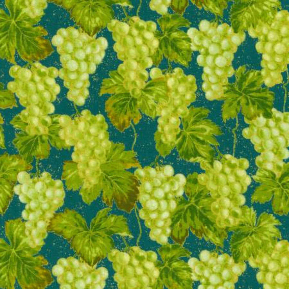 Nature’s Harvest cotton fabric by Robert Kaufman featuring green grape clusters and vine leaves on green with gold accents