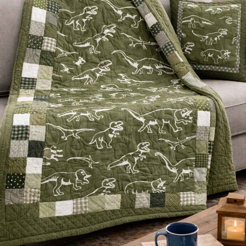 Dinosaur-themed cozy Quilt created with glow in the dark flannel