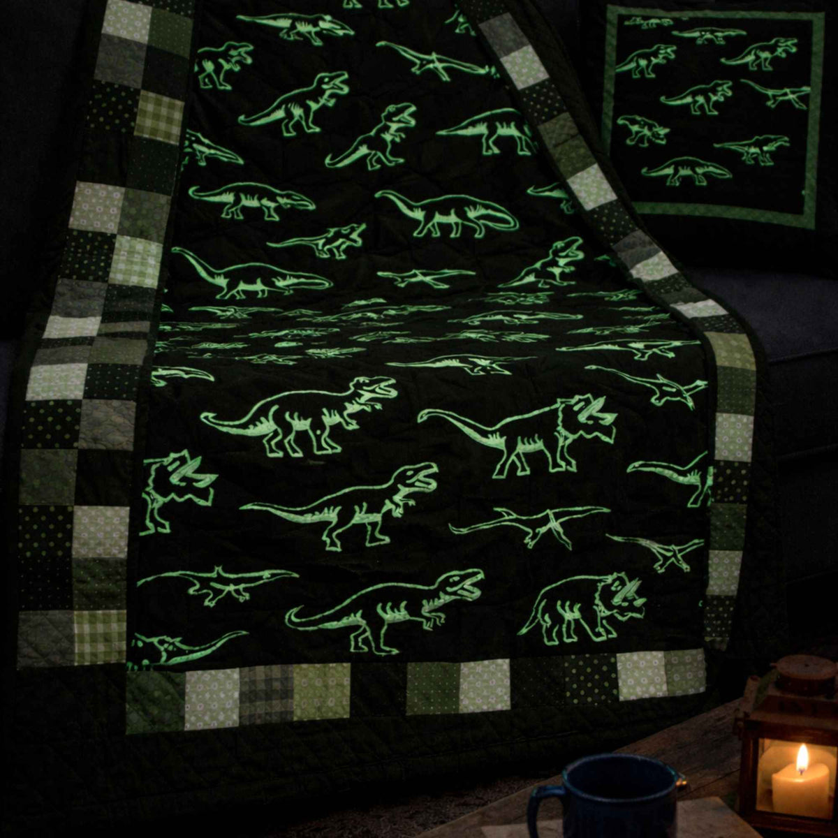 Glow in the Dark Dinosaur-themed cozy Quilt created with glow in the dark flannel