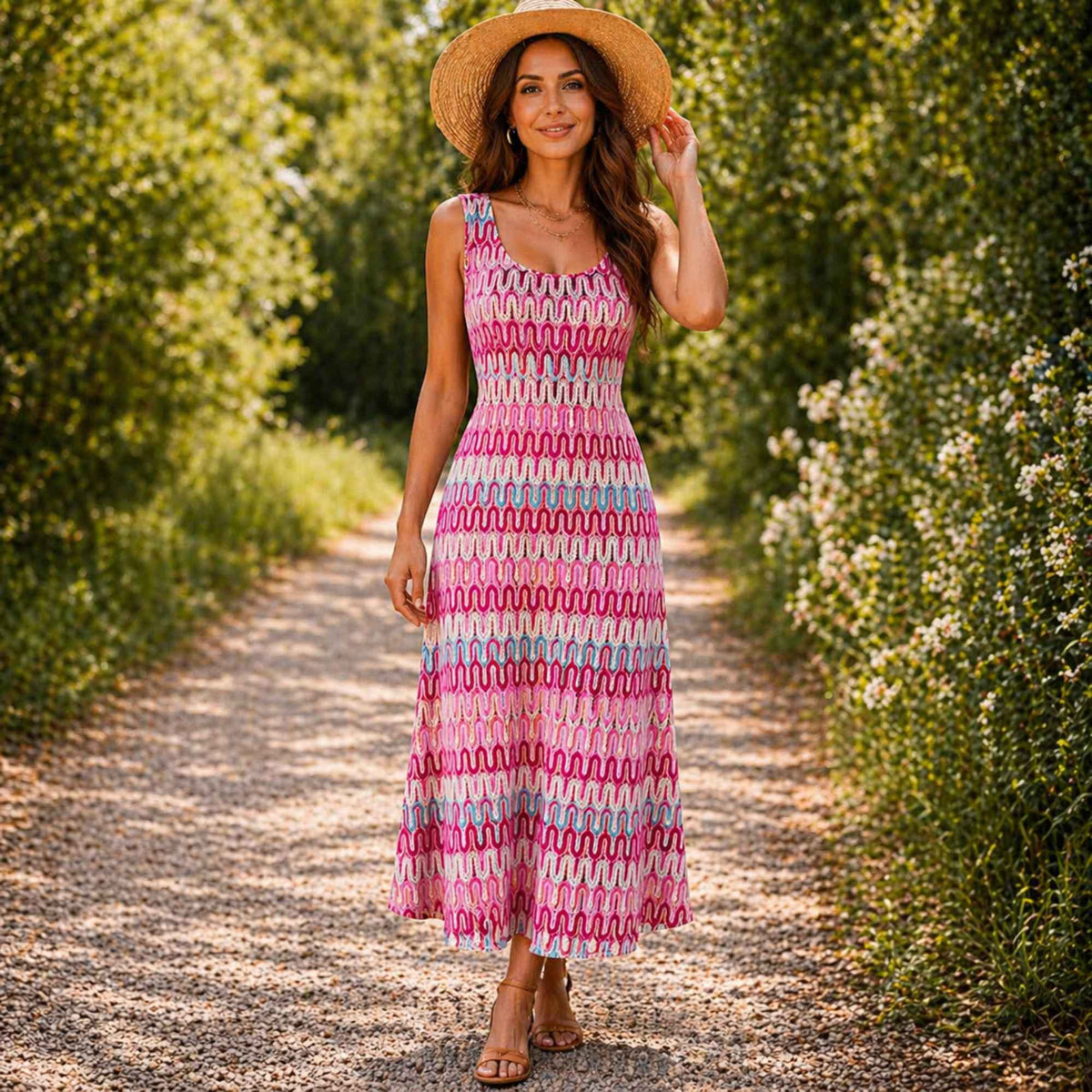 Dress sewn with Missoni style pink zigzag wave stretch jersey knit fabric with fuchsia ivory and aqua pattern close-up texture