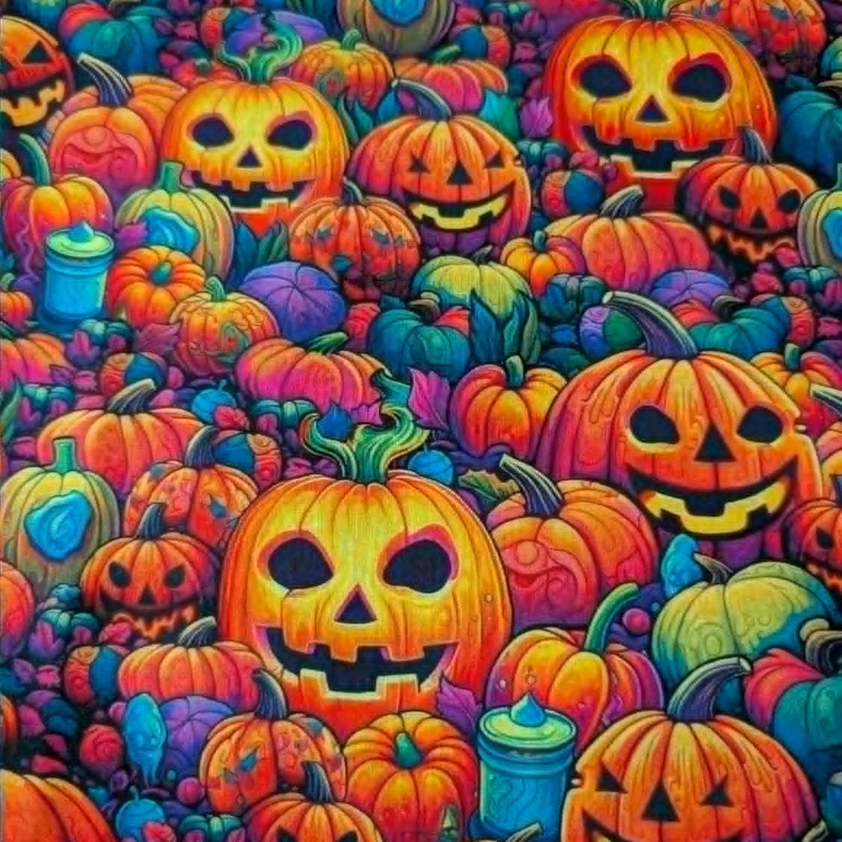 Bright Frights Halloween cotton fabric with colorful neon pumpkins glowing jack o lanterns and autumn foliage by Robert Kaufman