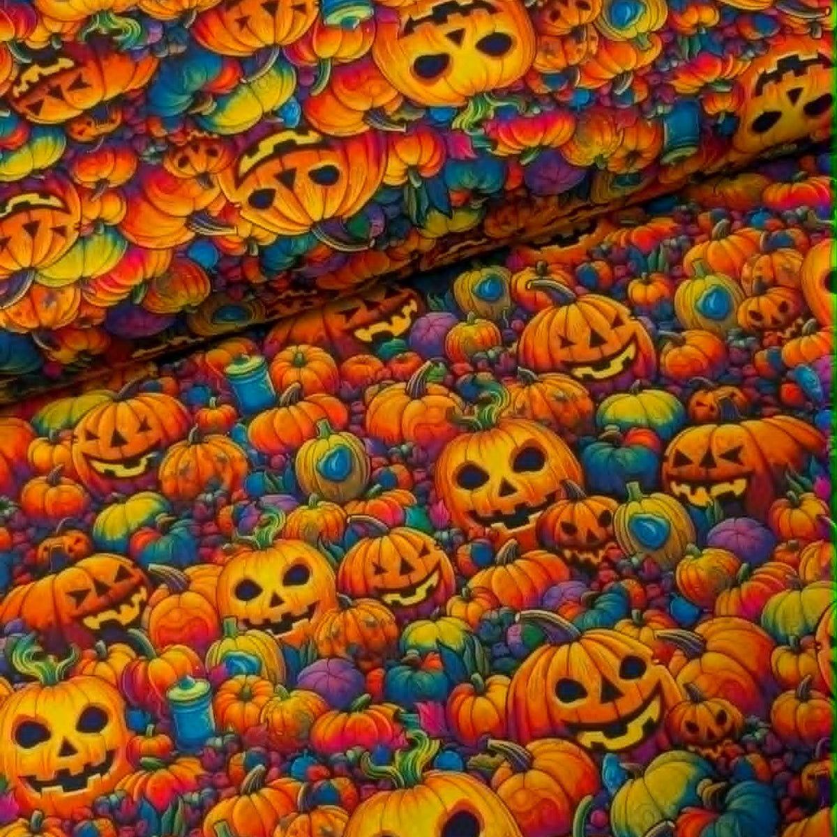 Bright Frights Halloween cotton fabric with colorful neon pumpkins glowing jack o lanterns and autumn foliage by Robert Kaufman