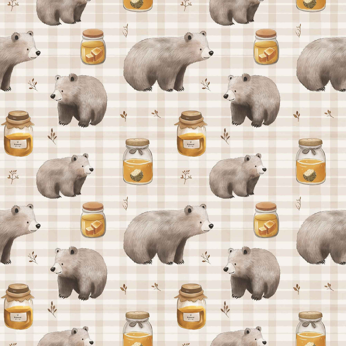 Honey Bear exclusive waterproof PUL fabric with brown bears, golden honey jars and botanical sprigs on a cream checked background